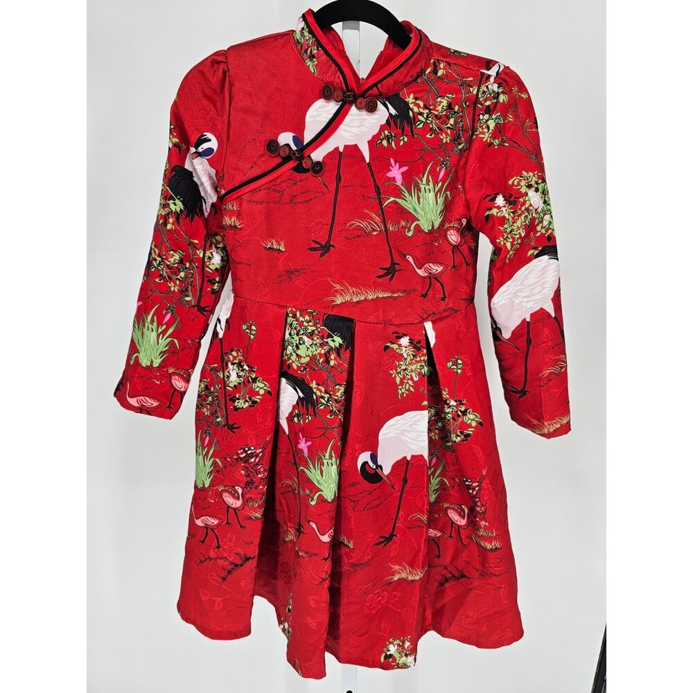 Vintage Girls Sz L red Crane Print Qi Pao Cheongsam Dress Long Sleeve - Picture 1 of 5